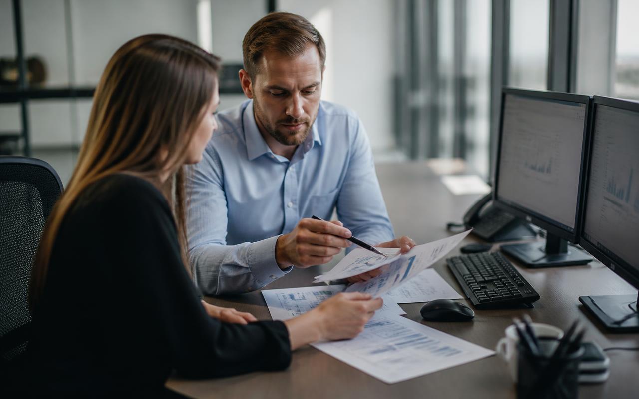 Two accountants reviewing financial statements together in a modern firm office